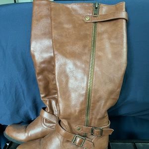 Size 9 brown Bamboo faux leather knee high boots with very small heel